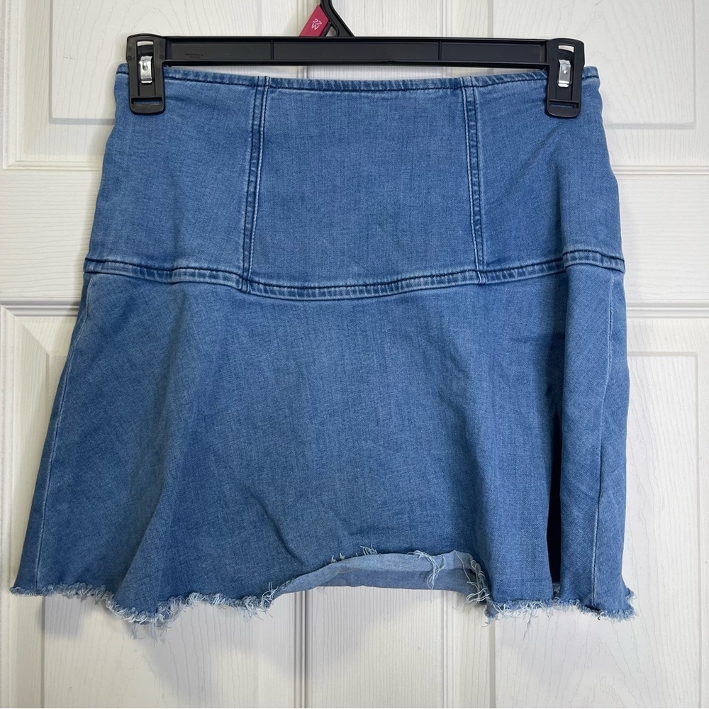 Free People Highland Blue Denim Short Flare Skirt Sz 2